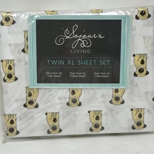 Sojourn Living Twin XL Sheet Set Pug Dogs White Gray Dorm Bedding Polyester